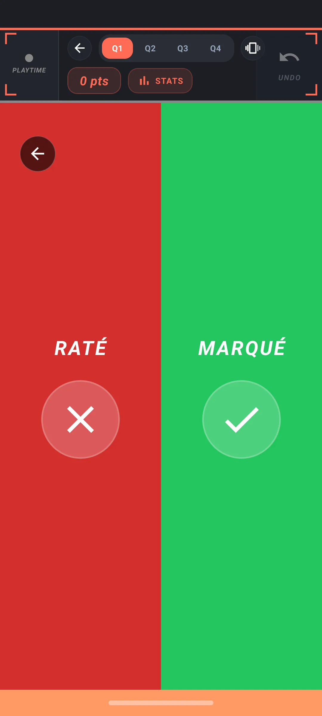 Écran de résultat du tir avec les deux choix Raté et Marqué visibles.
